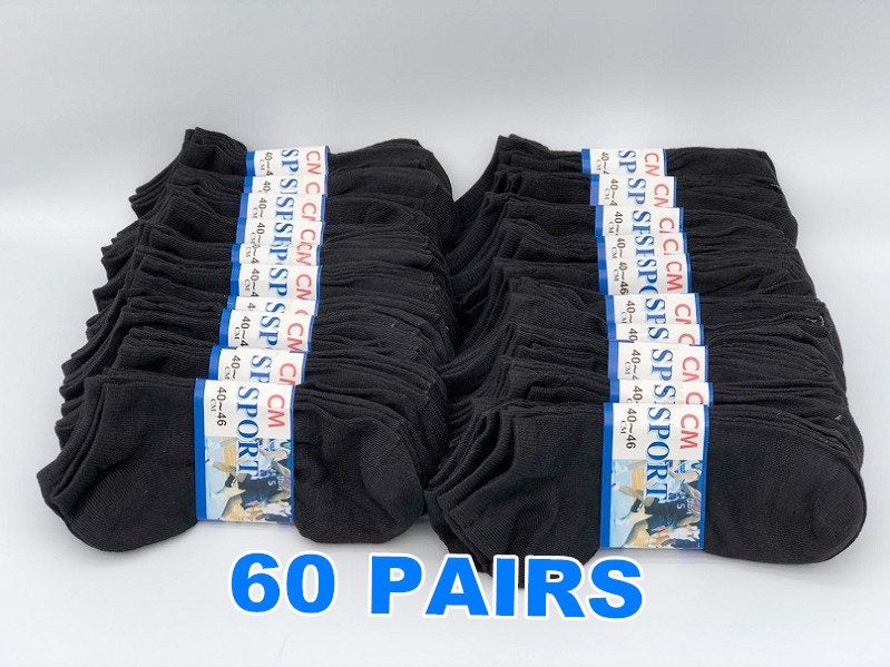 60 Pairs Thin Black Ankle Socks NZ Sizes M7-11/W8-12 Cotton Blend, Stretch Fit Carousel 1