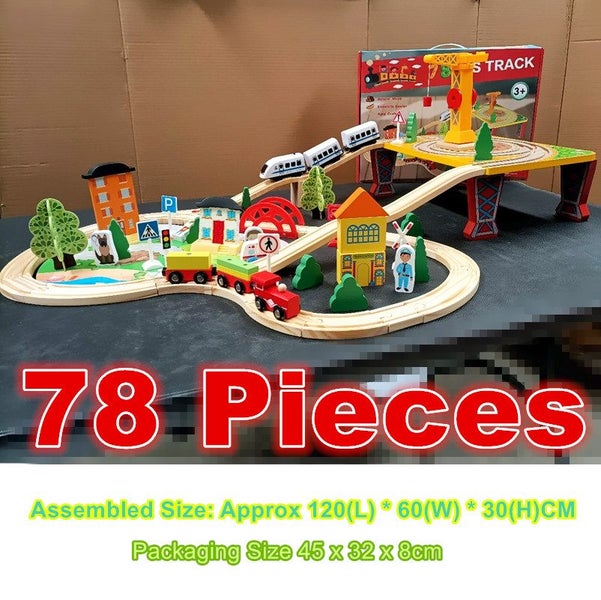 78 Pcs Wooden Railway Track Toy Early Educational Manual Control Car Set Gift Carousel 1