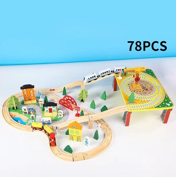 78 Pcs Wooden Railway Track Toy Early Educational Manual Control Car Set Gift Carousel 2