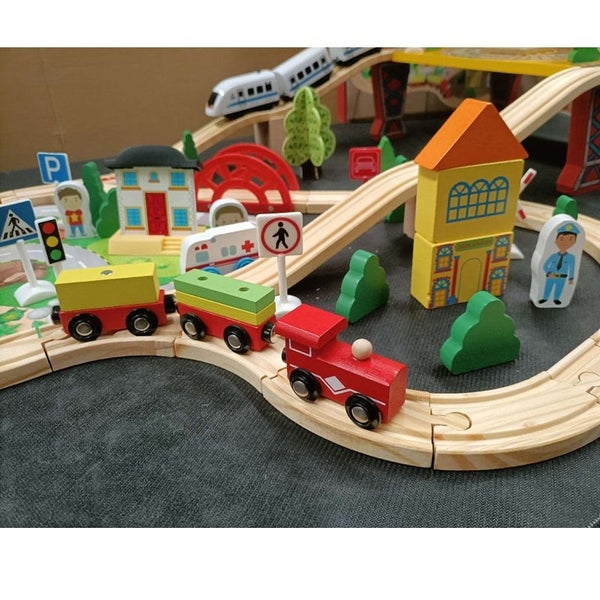 78 Pcs Wooden Railway Track Toy Early Educational Manual Control Car Set Gift Carousel 6