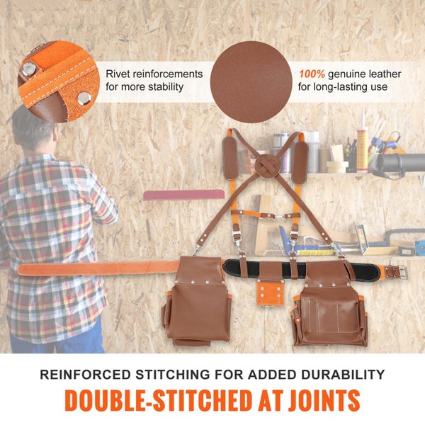 New Tool Belt with Suspenders Adjustable Carpenter Tool Pouch Genuine Leather Carousel 2