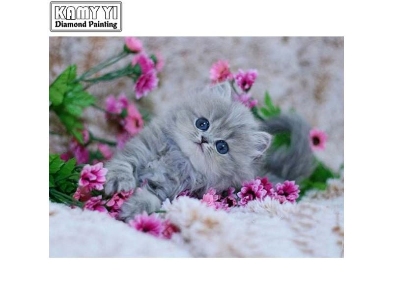 5D DIY Diamond Mosaic Diamond Embroidery Cute Cat And Pink Flowers Embroidered Carousel 1