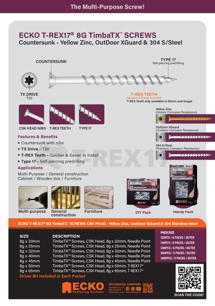 Timber Screws 8G x 65mmm Galvanised T17 C/Sunk Ecko TimbaTx 500 pack Carousel 3