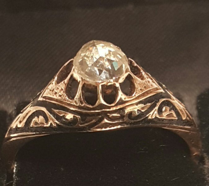 Antique Gold Rose Cut Diamond Enamel Ring Carousel 1
