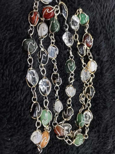 Vintage copper & red crystal necklace silver w blue agate discs caged gemstones Carousel 2