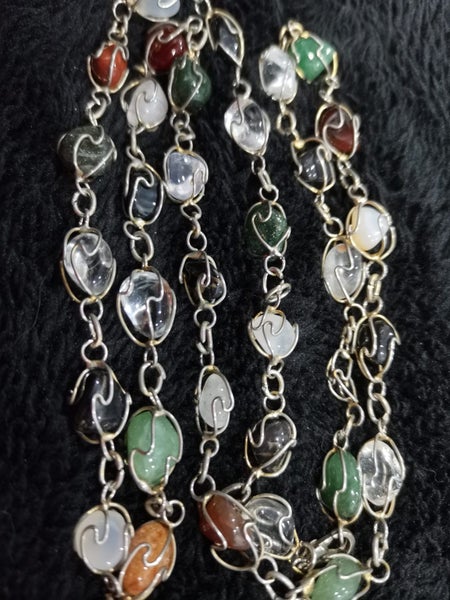 Vintage copper & red crystal necklace silver w blue agate discs caged gemstones Carousel 17