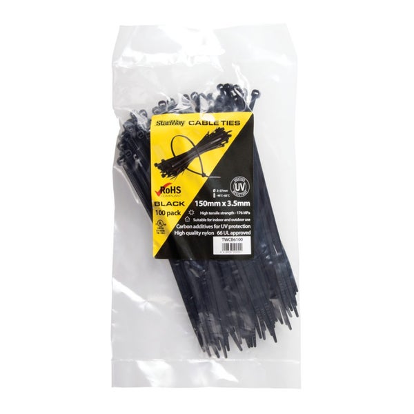 STANWAY UV Black Cable Tie (150mm x 3.5mm) - 100 Pack Carousel 1