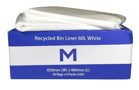 Recycled Bin Liner,Rubbish Bags 60L - White, 650mm x 900mm x 30mu (Box of 450) Carousel 1