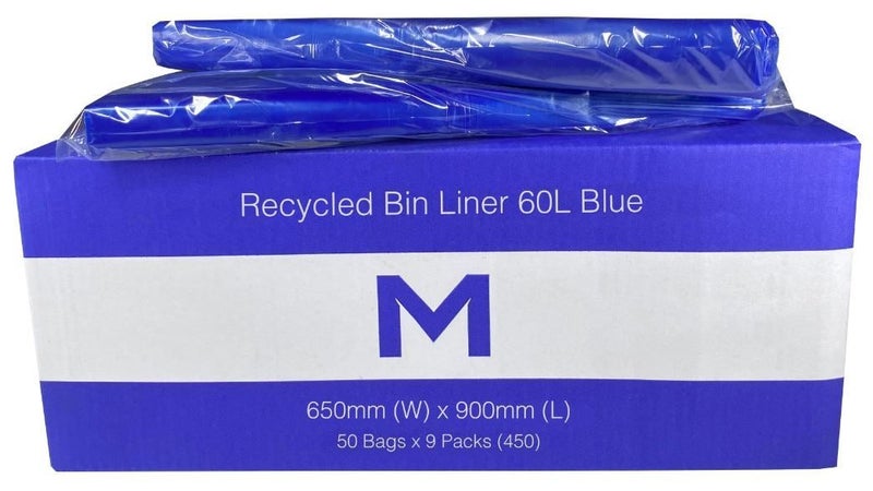 Recycled Bin Liner,Rubbish Bags 60L - Blue, 650mm x 900mm x 30mu (Box of 450) Carousel 1