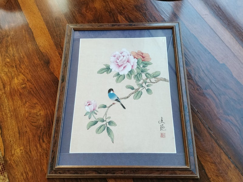 Original Bird and Flowers Painting on Silk Carousel 1