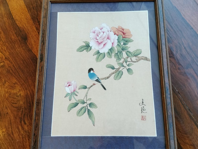 Original Bird and Flowers Painting on Silk Carousel 2