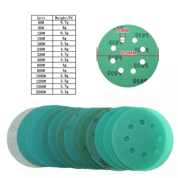 15Pcs 5 Inch 125MM 8 Holes 60 to 2000 Grits Hook and Loop Polyester Film CHK29M Carousel 8