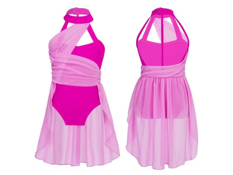 Kid Girls Ballet Leotard Dress Sleeveless Ruched Chiffon Bodice Caged Back Carousel 1