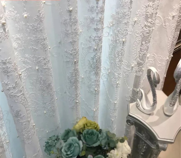 White Elegant Lxury Curtains Tulle Contain Pearls Embroidery Beads Window CHK29M Carousel 2