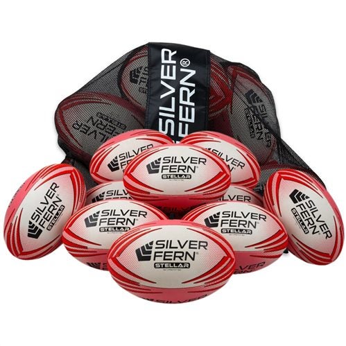 SILVER FERN STELLAR RUGBY BALL 10 PACK + BAG WHITE/GREEN SIZE 4 Carousel 1