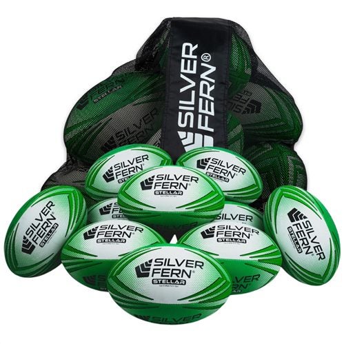 SILVER FERN STELLAR RUGBY BALL 10 PACK + BAG WHITE/GREEN SIZE 4 Carousel 2