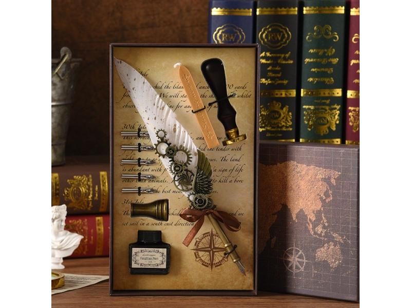 Retro Feather Fountain Pen Vintage Calligraphy Writing Ink Pen Sets Creative Carousel 2