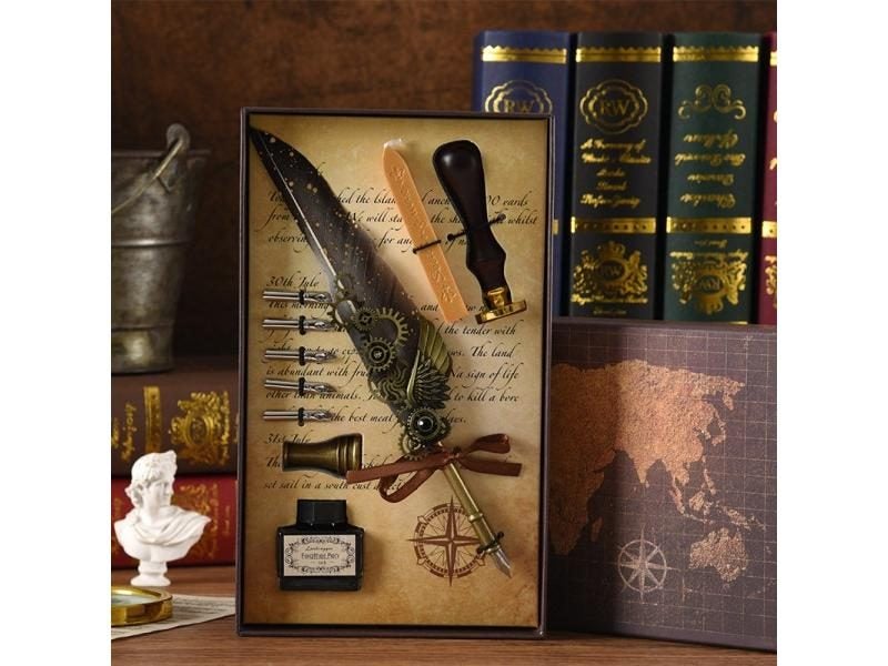 Retro Feather Fountain Pen Vintage Calligraphy Writing Ink Pen Sets Creative Carousel 1
