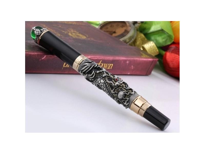 FOUNTAIN PEN FINE 18KGP NIB JINHAO GOLDEN DRAGON KING PLAY PEARL BLACK / WHITE Carousel 1