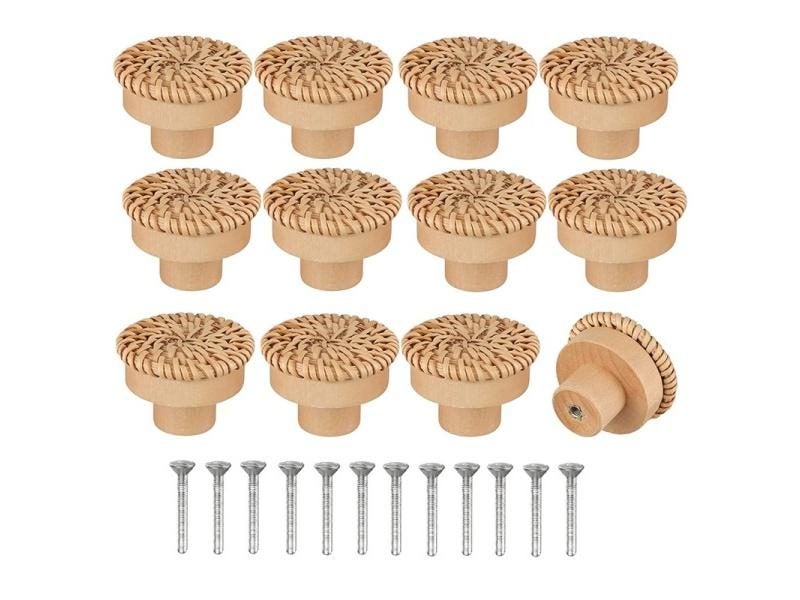Boho Rattan Round Wooden Drawer Knobs Handmade Wicker Woven Screws For Boho Carousel 1