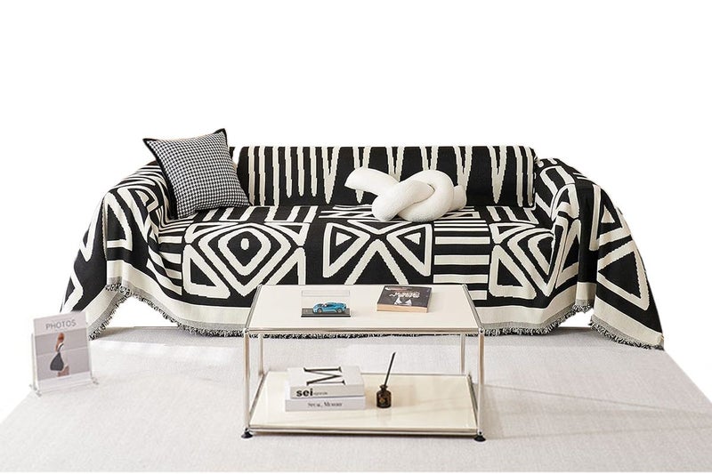 Boho Sofa Plaid Blanket Geometry Couch Cover Ethnic Sofa Cover Slipcover-Black Carousel 1