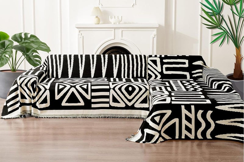 Boho Sofa Plaid Blanket Geometry Couch Cover Ethnic Sofa Cover Slipcover-Black Carousel 2