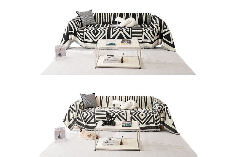 Boho Sofa Plaid Blanket Geometry Couch Cover Ethnic Sofa Cover Slipcover-Black Carousel 8