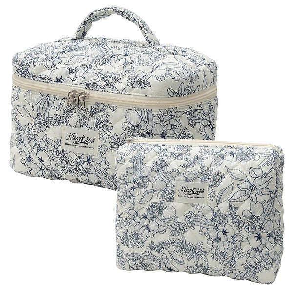 Quilted Floral Makeup Bag Set for Travel Coquette Aesthetic Cosmetic Bags (2-... Carousel 1