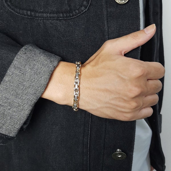 Men's Titanium Steel Byzantine Link Chain Bracelet with 18K Gold - SALE! Carousel 2