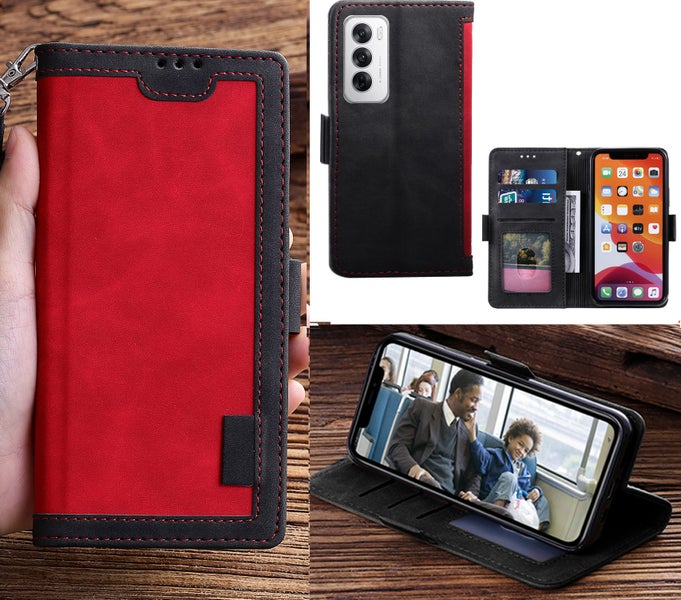 Oppo a5 4g 2025 case contrast denim wallet magnetic red Carousel 1