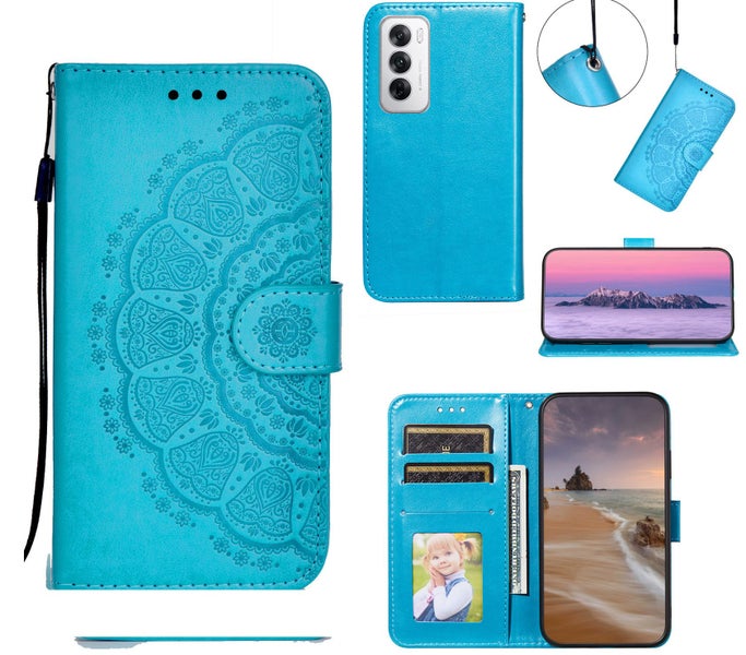 Oppo A3 pro embossed PU leather wallet case mandala totem blue Carousel 1