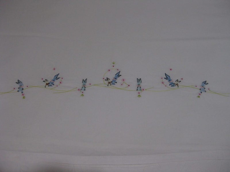 Vintage Cot Sheet Baby White 100% Cotton Adorable Blue Bunnies Embroid Immac Carousel 2