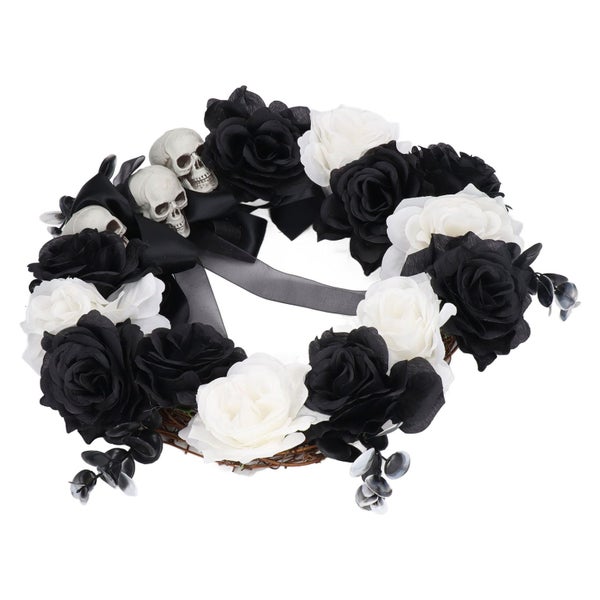 skull black white flowers wreath Halloween Wreath Deadwood Plastic Skull Black Carousel 1