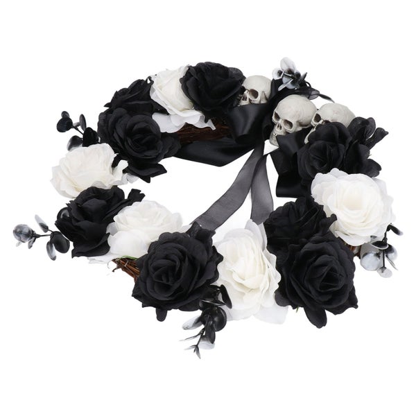 skull black white flowers wreath Halloween Wreath Deadwood Plastic Skull Black Carousel 2
