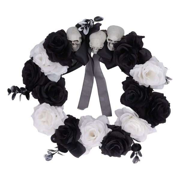 skull black white flowers wreath Halloween Wreath Deadwood Plastic Skull Black Carousel 8