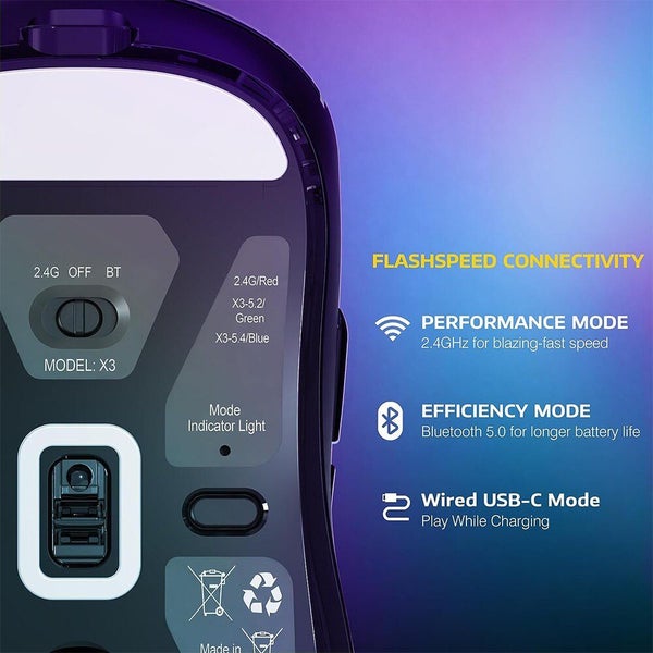 X3 Lightweight Wireless Gaming Mouse with 3 Mode 2.4G USB-C Wired Carousel 7