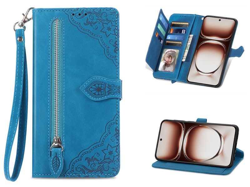 PU Leather Stand Wallet Case Cover for OPPO Reno12 5G with Wrist Strap Blue Carousel 1