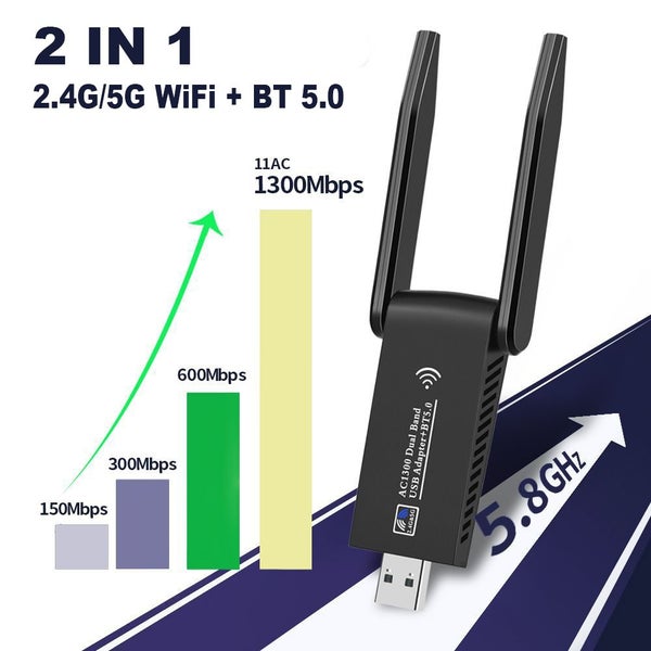 1300Mbps USB 3.0 WiFi Bluetooth 5.0 Adapter 2in1 Dongle Dual Band Carousel 2