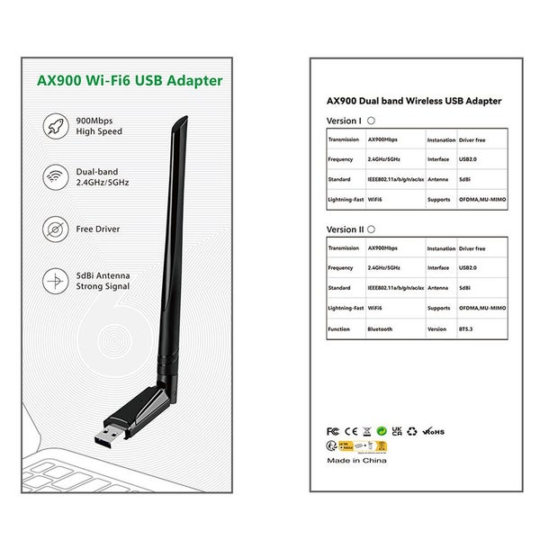 AX900 USB WiFi 6 Bluetooth 5.3 Adapter 2in1 Dongle Dual Band Carousel 6