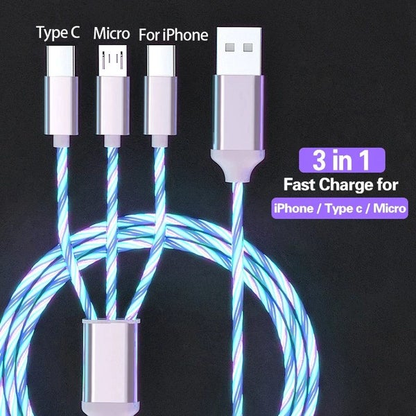 Glowing LED Light 3 in 1 3A Fast Charging Micro USB Type C Cable For Carousel 1