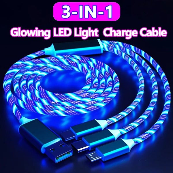 Glowing LED Light 3 in 1 3A Fast Charging Micro USB Type C Cable For Carousel 2