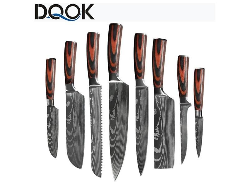 Chef Knife 1-10 Pcs Set Kitchen Knives Laser Damascus Pattern Sharp Japanese Carousel 2