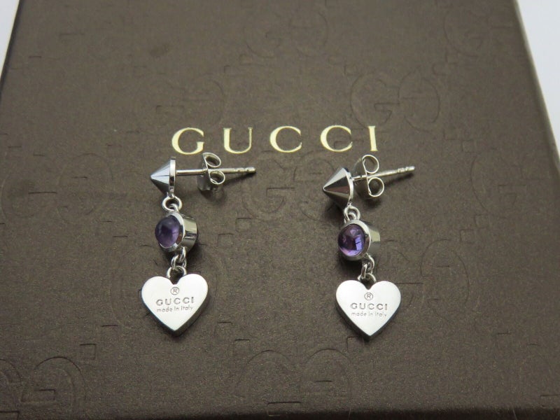 GUCCI Sterling Silver Amethyst Heart Tag Earrings Carousel 1