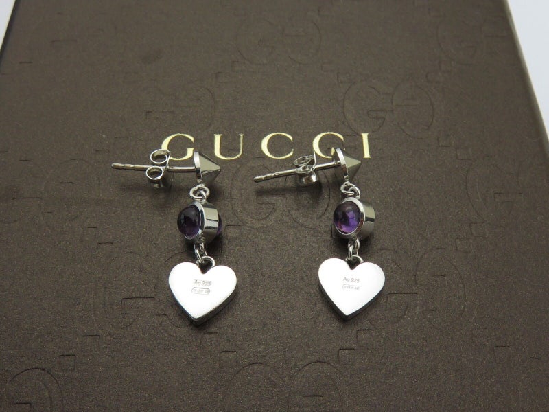 GUCCI Sterling Silver Amethyst Heart Tag Earrings Carousel 2