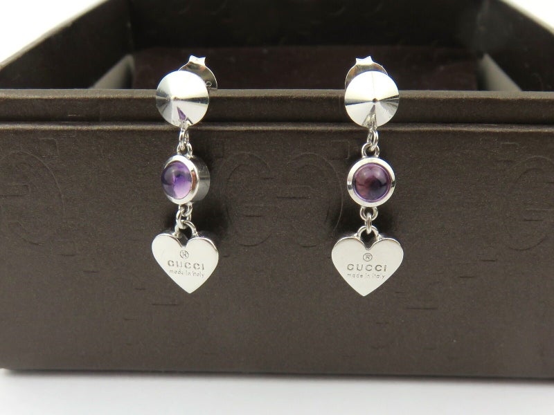 GUCCI Sterling Silver Amethyst Heart Tag Earrings Carousel 3