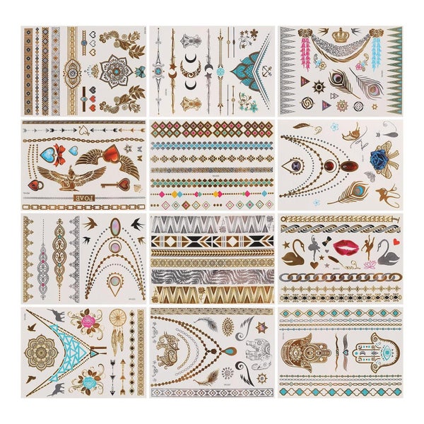 12 Pcs Temporary Tattoos Glitter Waterproof Gold Silver Transfer Tattoo Party D Carousel 1