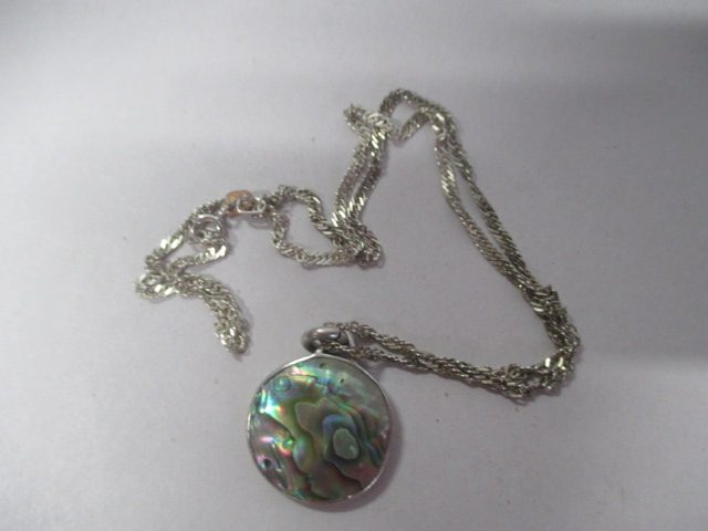 SILVER / PAUA PENDANT + CHAIN . SILVER MARKS ON PENDANT Carousel 1