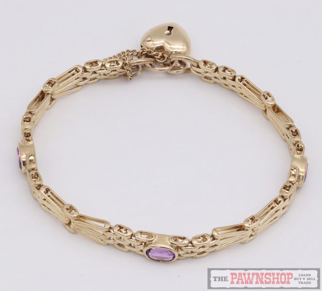 9ct Yellow Gold Amethyst Set Gate Bracelet with Puffed Heart Padlock ~ $5,900 Carousel 2
