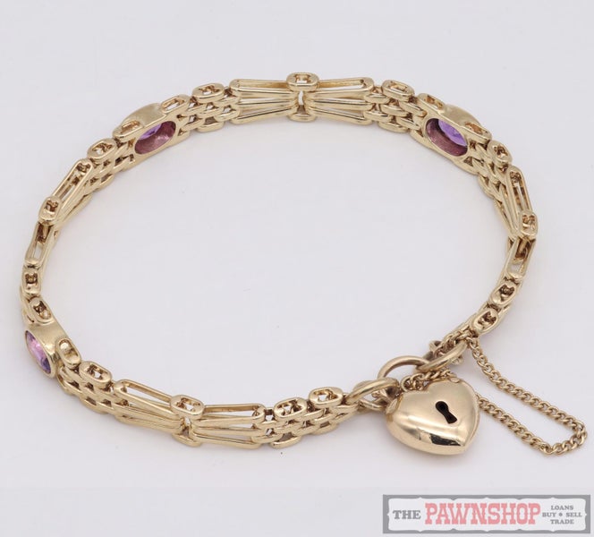 9ct Yellow Gold Amethyst Set Gate Bracelet with Puffed Heart Padlock ~ $5,900 Carousel 1
