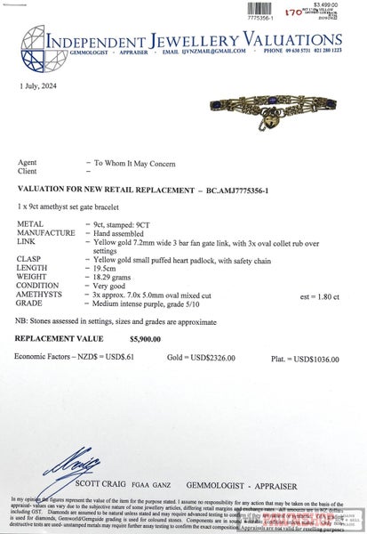 9ct Yellow Gold Amethyst Set Gate Bracelet with Puffed Heart Padlock ~ $5,900 Carousel 3